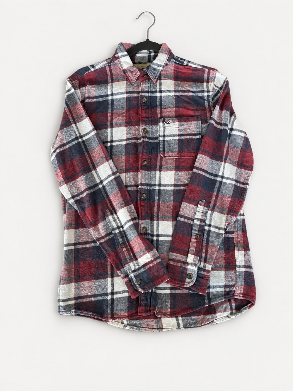 Hollister Red, Navy & White Plaid Long-Sleeve Button-Up Shirt